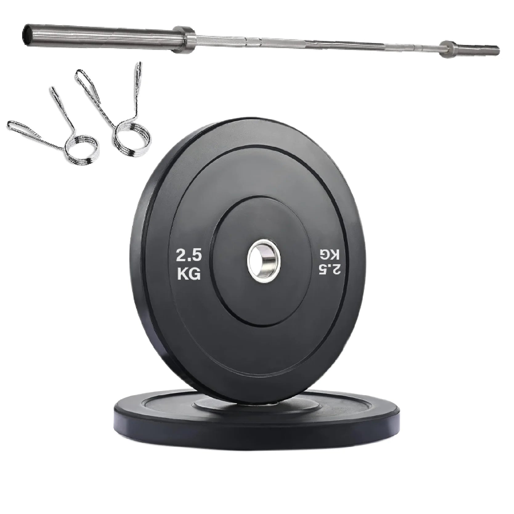 Barbell with weight plates and accessories on a white background