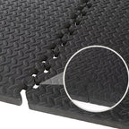 Black interlocking foam mats with a close-up of the texture on a white background