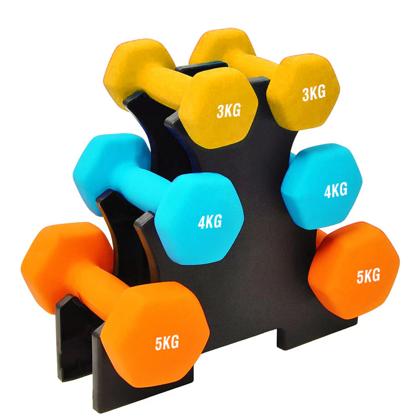 Set of colorful dumbbells with weight markings on a white background