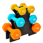 Set of colorful dumbbells with weight markings on a white background