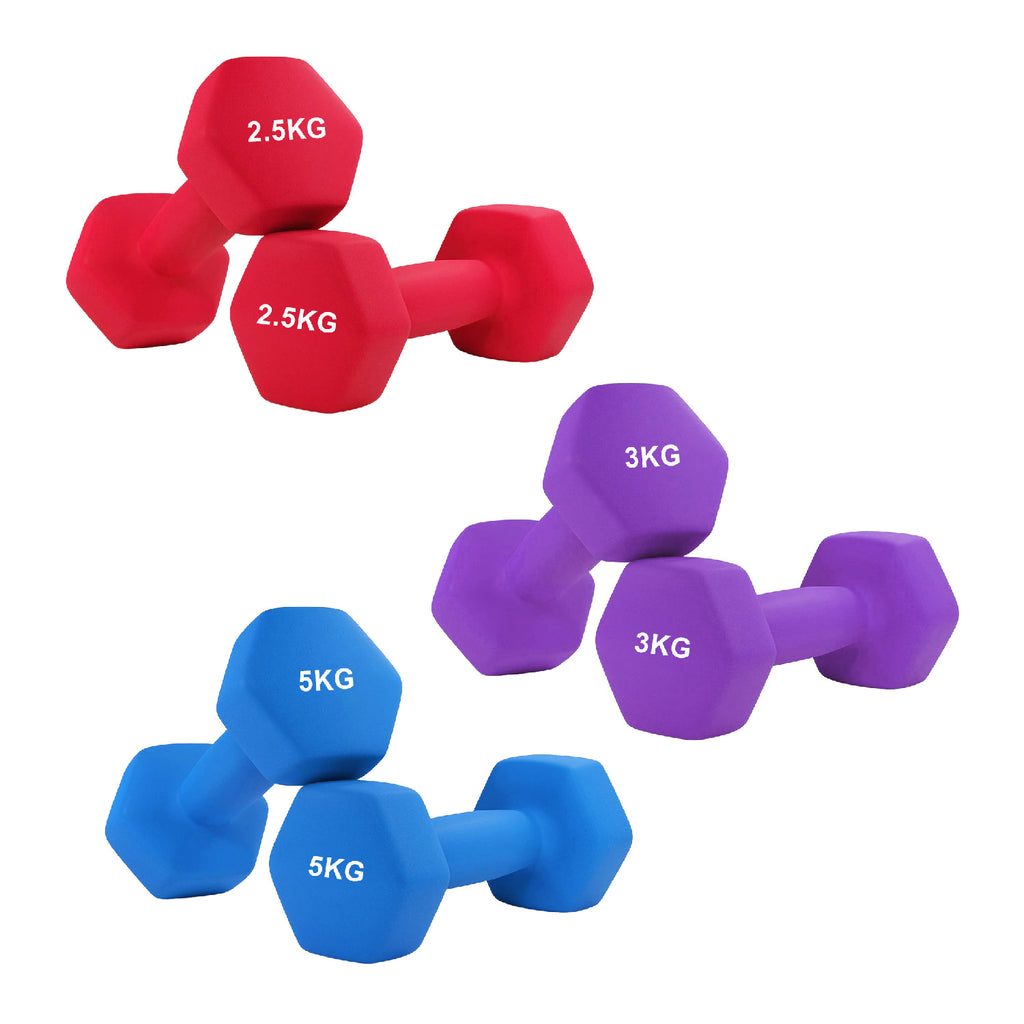 Set of red, blue, and purple dumbbells with weight markings on a white background