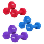 Set of red, blue, and purple dumbbells with weight markings on a white background