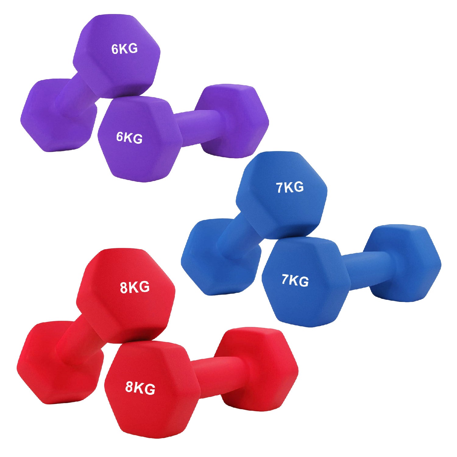 Set of purple, blue, and red dumbbells with weight markings on a white background