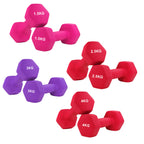 Set of pink, red, and purple dumbbells with weight markings on a white background