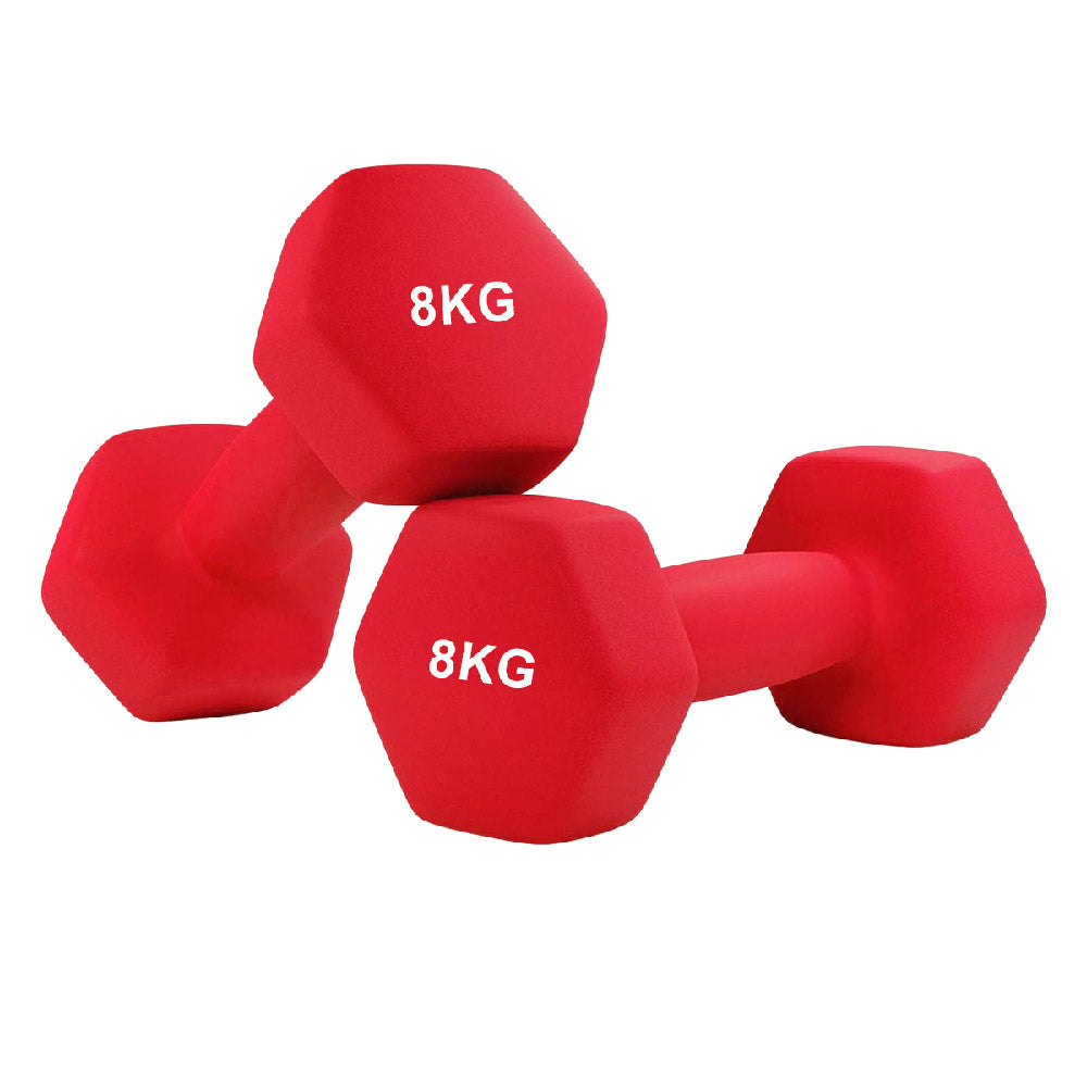 Two red 8KG dumbbells on a white background