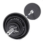 Set of weight plates with a barbell on a white background