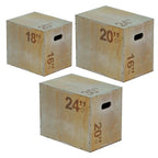 A beige 3-in-1 wooden plyometric jump box with marked heights for box jumps and step-ups.