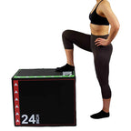 Person in athletic wear standing on a black exercise box with '24 INCH' text.
