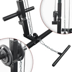 Black gym machine with chain and pulley system on a white background