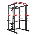 Black and red power rack on a white background