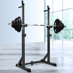 Weight lifting rack with barbell and weights on a light wooden floor.