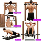 Man performing various pull-up exercises on a home gym setup with different pull-up bars.