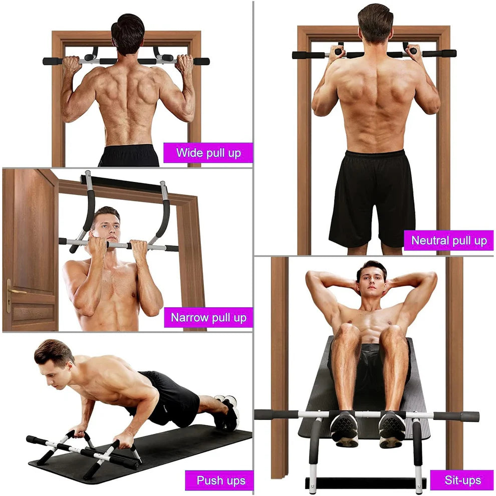 Man performing various pull-up exercises on a home gym setup with different pull-up bars.