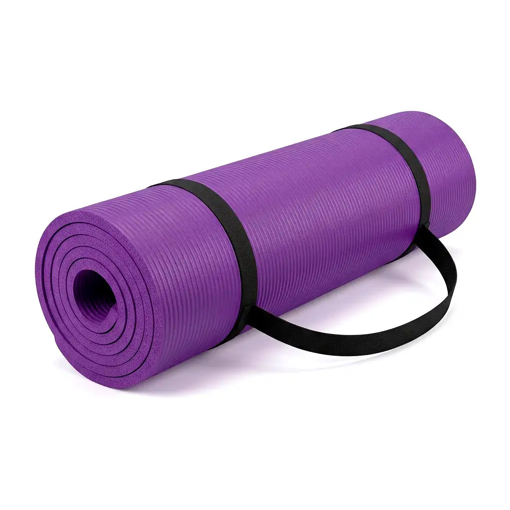 A purple rolled-up yoga mat with a black carrying strap, shown on a clean white background.