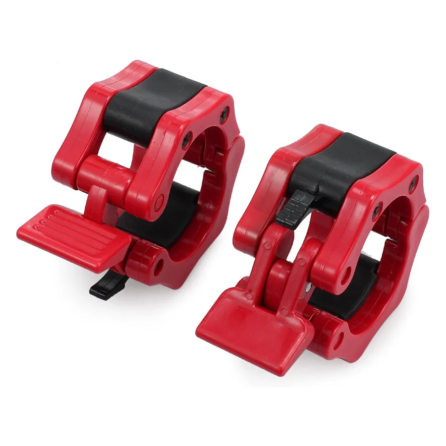 Two red and black clamps on a white background