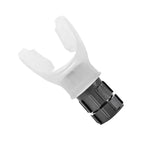 White plastic valve with black metal fitting on a white background