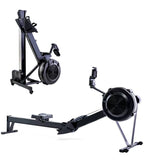 Two views of a black rowing machine on a white background