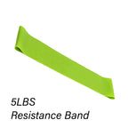 Green resistance band labeled '5LBS Resistance Band' on a white background