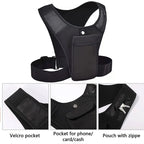 Black tactical vest with multiple pockets on a white background