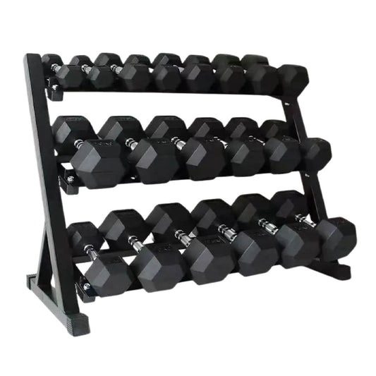 Complete Hex Dumbbell Set with 3-Layer Storage Rack | Rubber-Coated Weights 2.5kg-30kg | Premium Strength Training Equipment for Home and Commercial Gyms