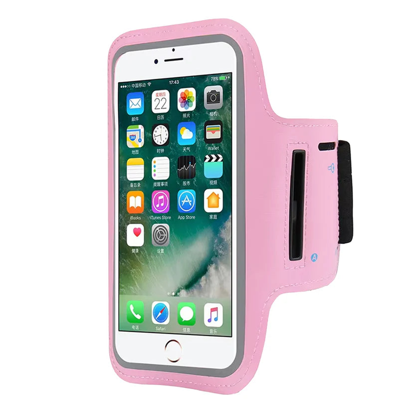 A black sports armband phone holder with an adjustable strap, designed to fit smartphones like the iPhone or Samsung Galaxy. It shows a smartphone with a touchscreen visible and the armband's Velcro closure on the side.