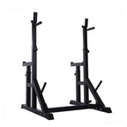 Black metal squat rack on a white background