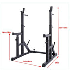 Black squat rack with dimensions indicated by red arrows on a white background