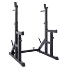 Black metal squat rack on a white background