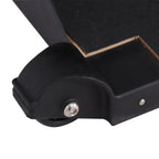 Close-up of a black metal bracket with screws on a white background
