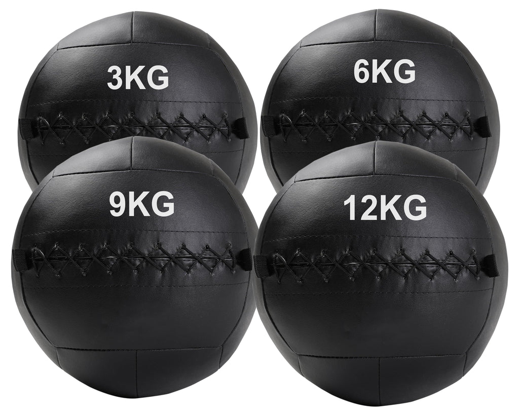 A black, double-stitched, textured wall ball with the weight '3KG,6KG,9KG,12KG' printed on it.