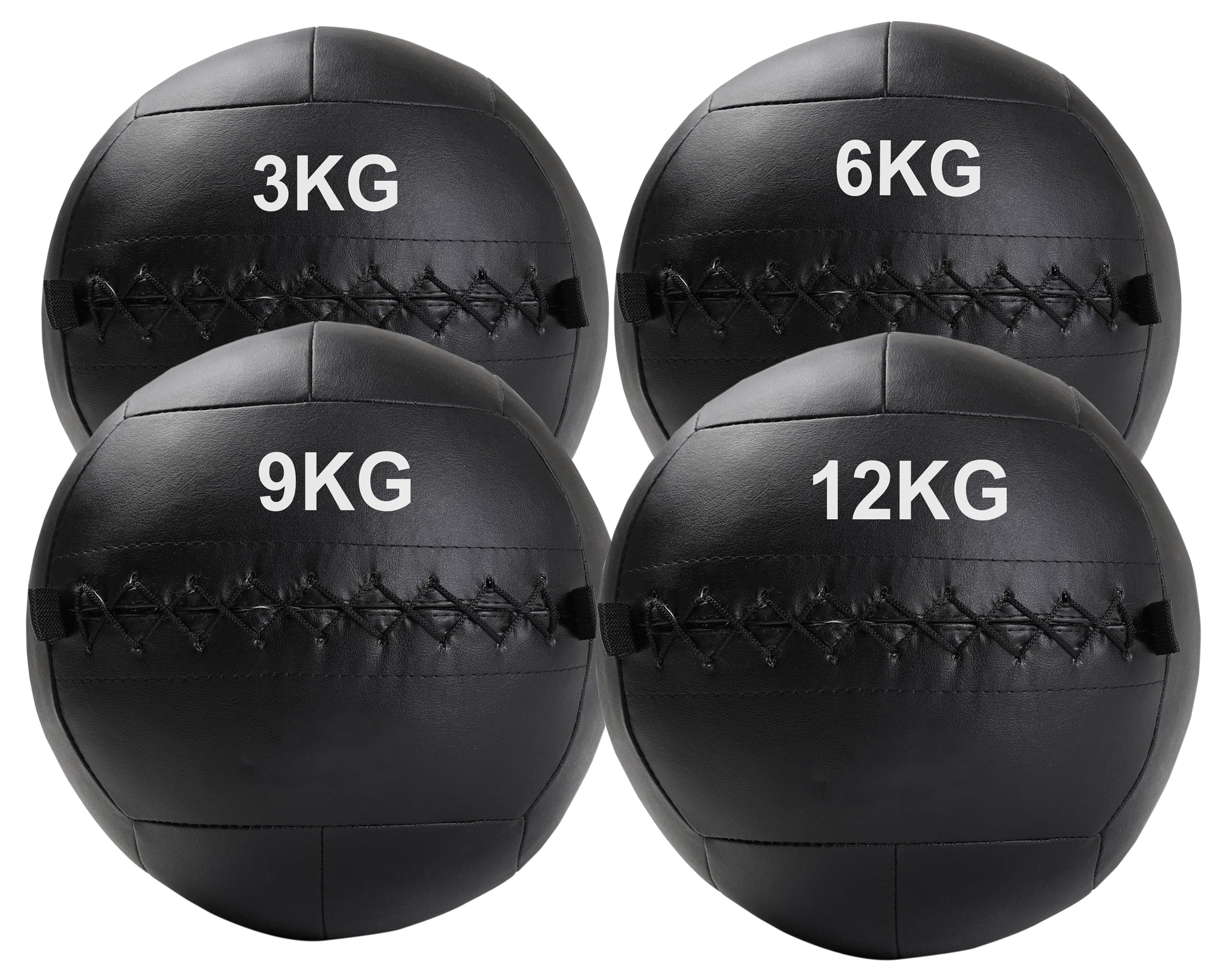 A black, double-stitched, textured wall ball with the weight '3KG,6KG,9KG,12KG' printed on it.