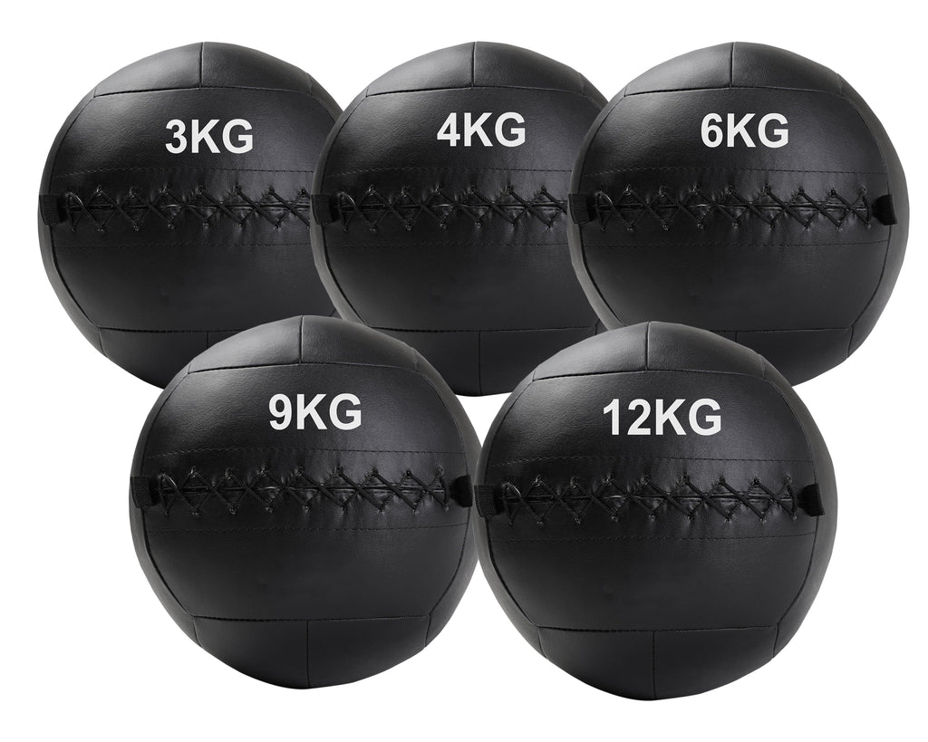 A black, double-stitched, textured wall ball with the weight '3KG,4KG,6KG,9KG,12KG' printed on it.