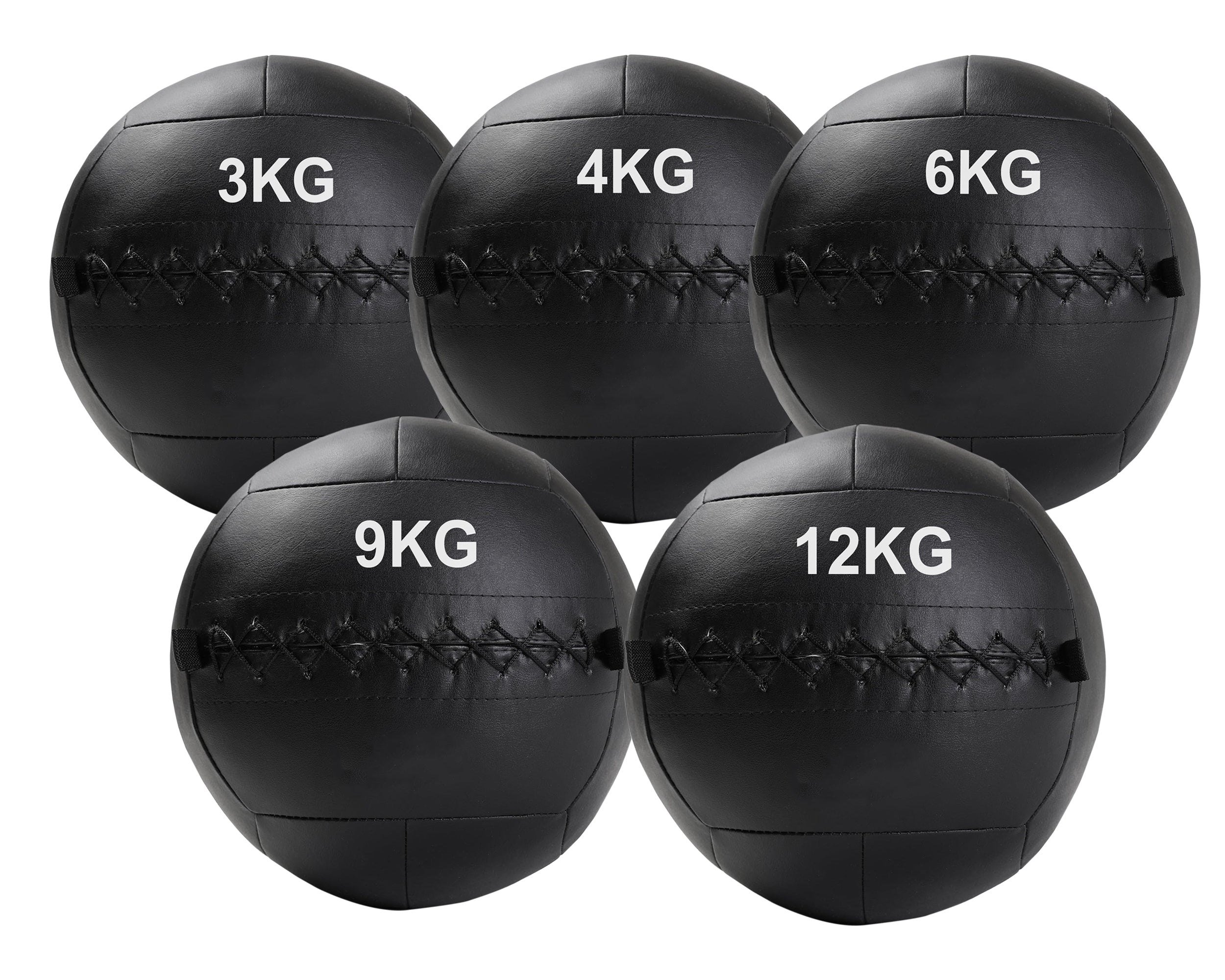 A black, double-stitched, textured wall ball with the weight '3KG,4KG,6KG,9KG,12KG' printed on it.