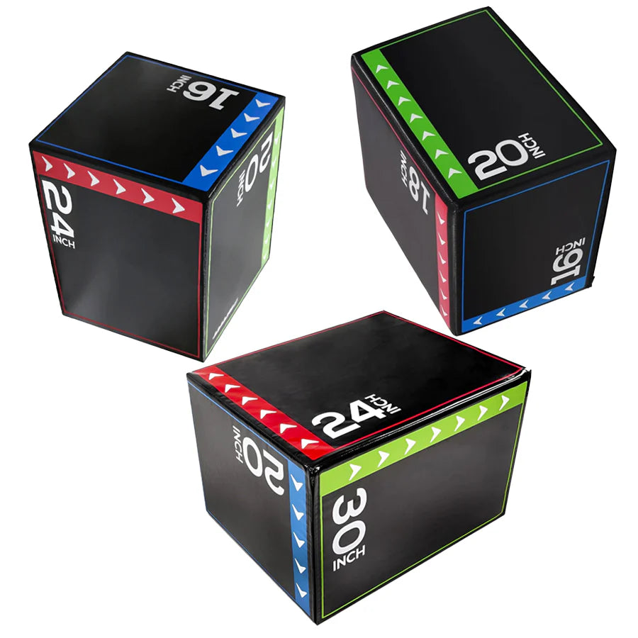 A 3-in-1 soft plyometric jump box with non-slip surface, marked with measurements for 20 inch, 24 inch, and 30 inch heights on the sides.