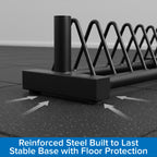 Black metal security barrier with floor protection on a tiled floor.