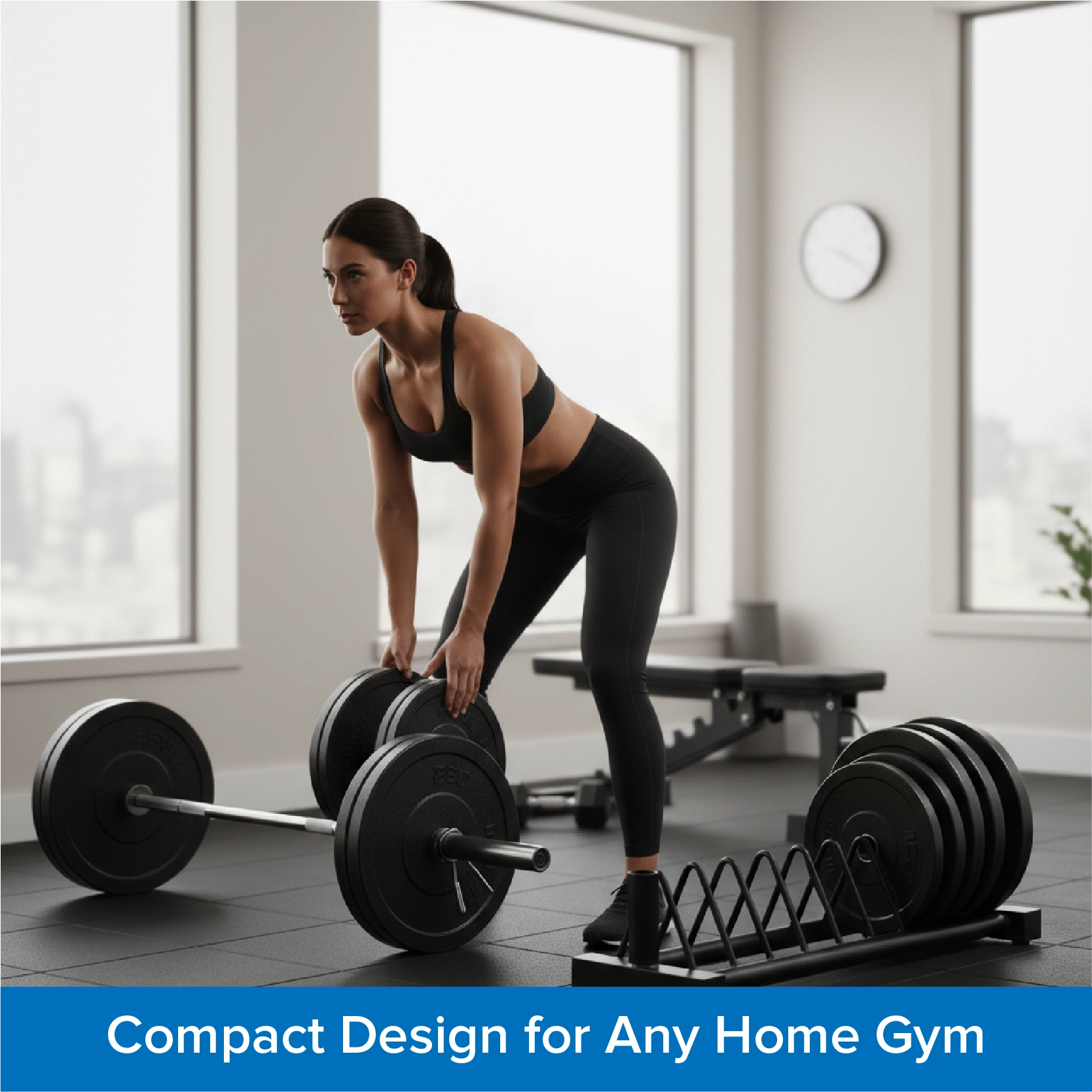 Woman lifting weights in a home gym with text 'Compact Design for Any Home Gym'.