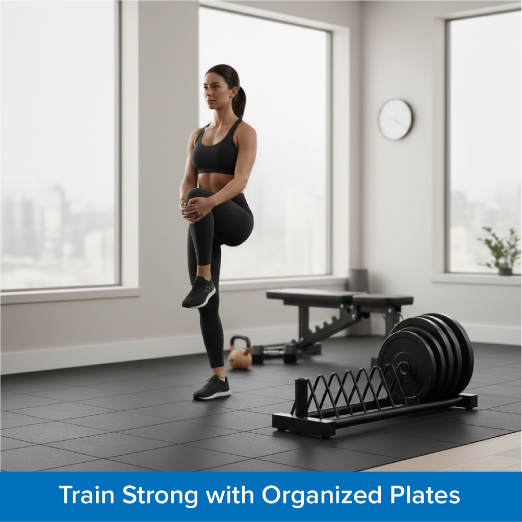 Woman exercising in a home gym with weight plates on the floor.