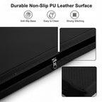 Black leather surface with anti-slip base, easy cleaning, and strong stitching features.