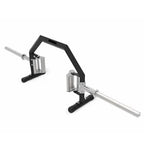 Black and silver cable machine gym equipment on a white background