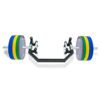 Barbell with colorful weight plates on a white background