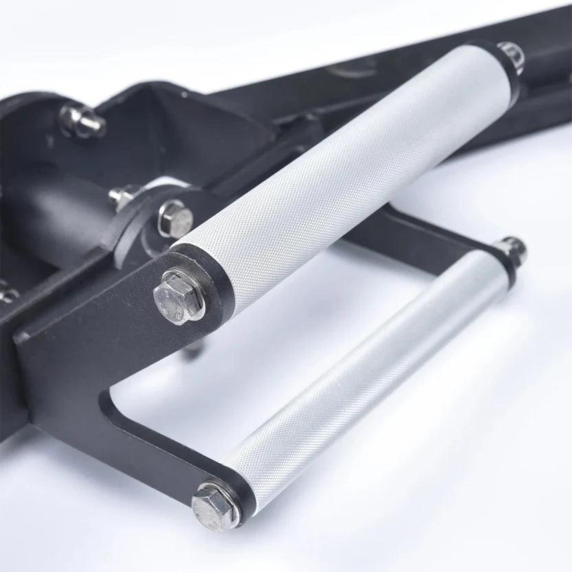 Close-up of a bicycle frame with white handlebars on a white background