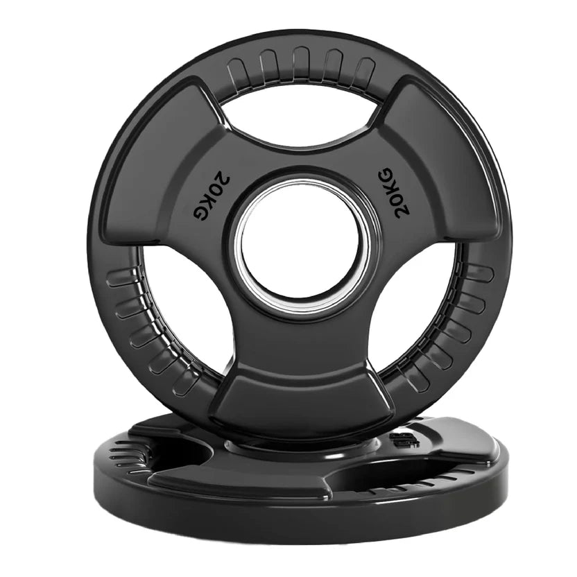 Black weight plate with '20kg' marking on a white background