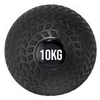 A black treaded slam ball with a textured grip and the weight '10KG' displayed on it.