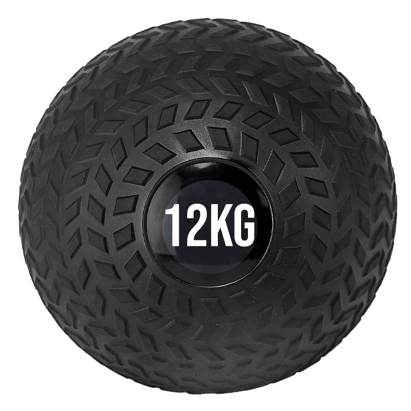 A black treaded slam ball with a textured grip and the weight '12KG' displayed on it.