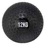 A black treaded slam ball with a textured grip and the weight '12KG' displayed on it.