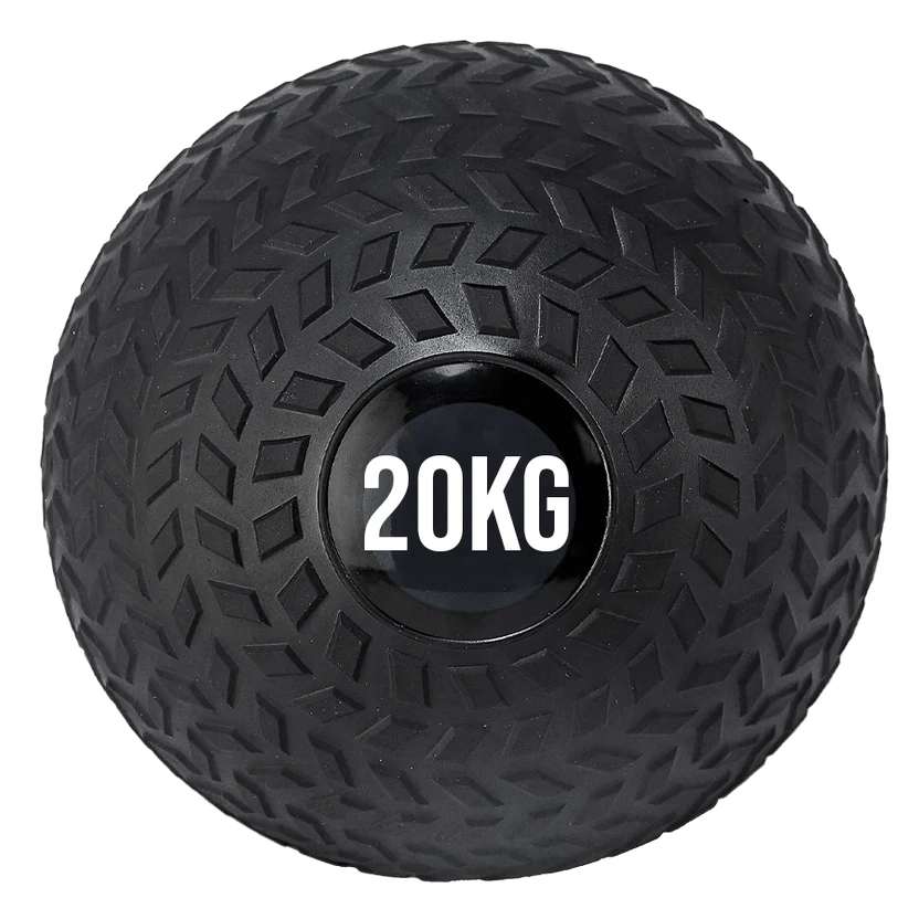 A black treaded slam ball with a textured grip and the weight '20KG' displayed on it.