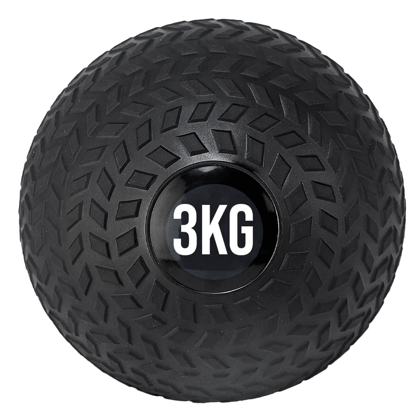 A black treaded slam ball with a textured grip and the weight '3KG' displayed on it.