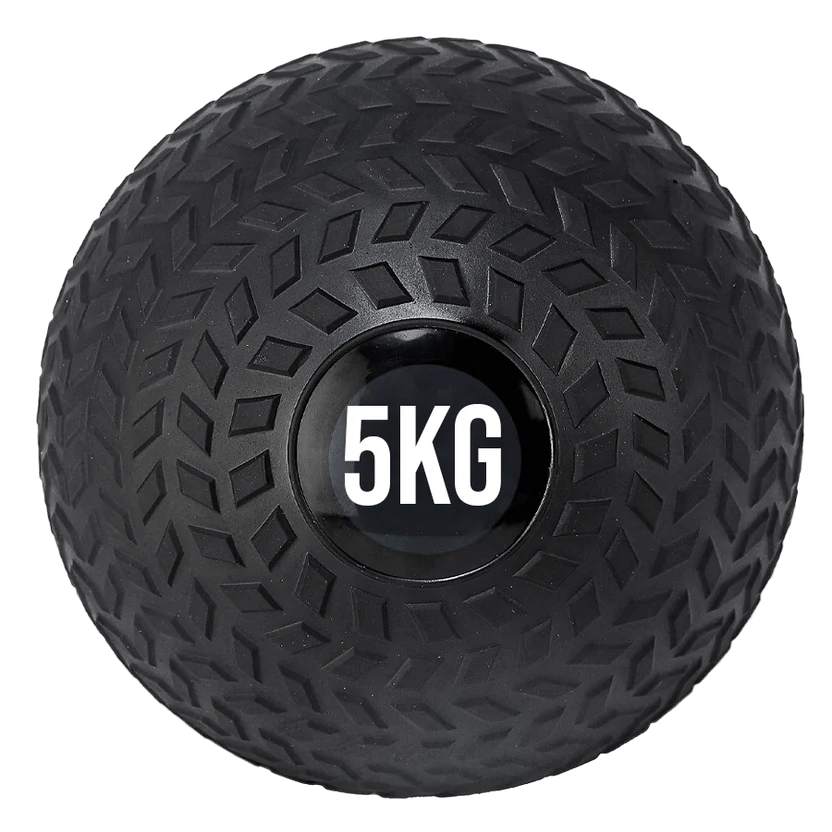 A black treaded slam ball with a textured grip and the weight '5KG' displayed on it.