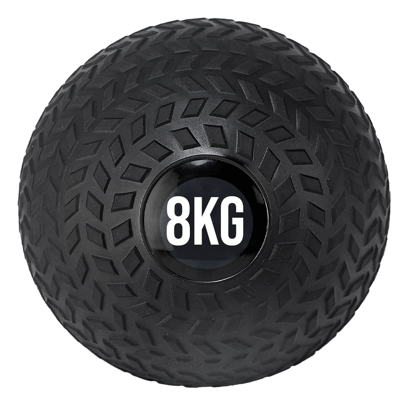 A black treaded slam ball with a textured grip and the weight '8KG' displayed on it.