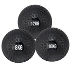 Three black textured dumbbells with weight markings on a white background
